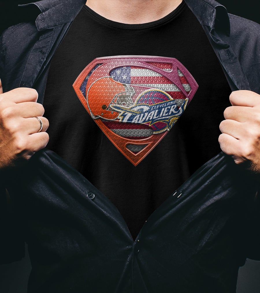Cleveland Cavaliers And Browns Superman Shield With American Flag T-Shirt
