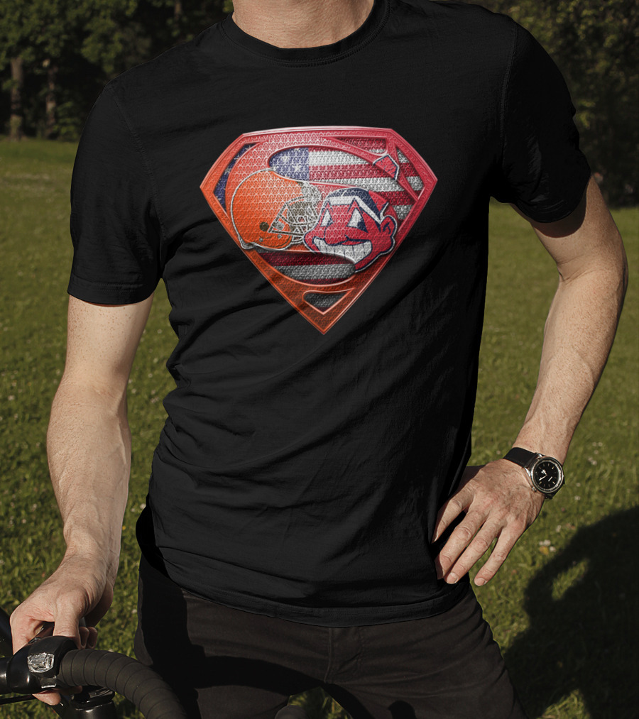 Cleveland Browns Superman Shield With Chief Wahoo And Usa Flag T-Shirt