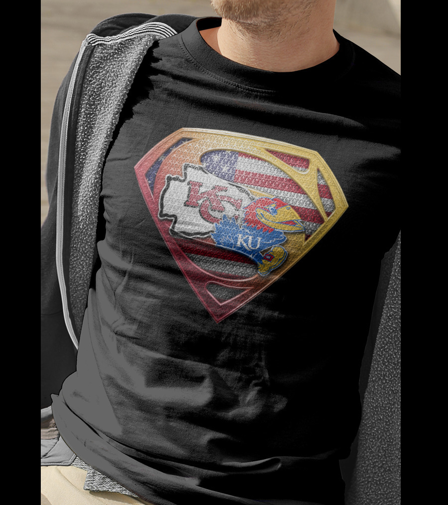Superman Kansas City Chiefs Ku Jayhawks Usa Flag T-Shirt