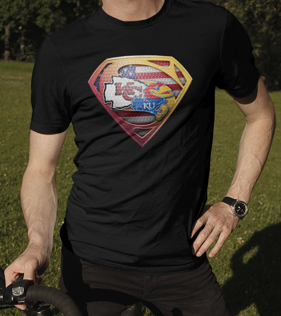 Superman Kansas City Chiefs Ku Jayhawks Usa Flag T-Shirt