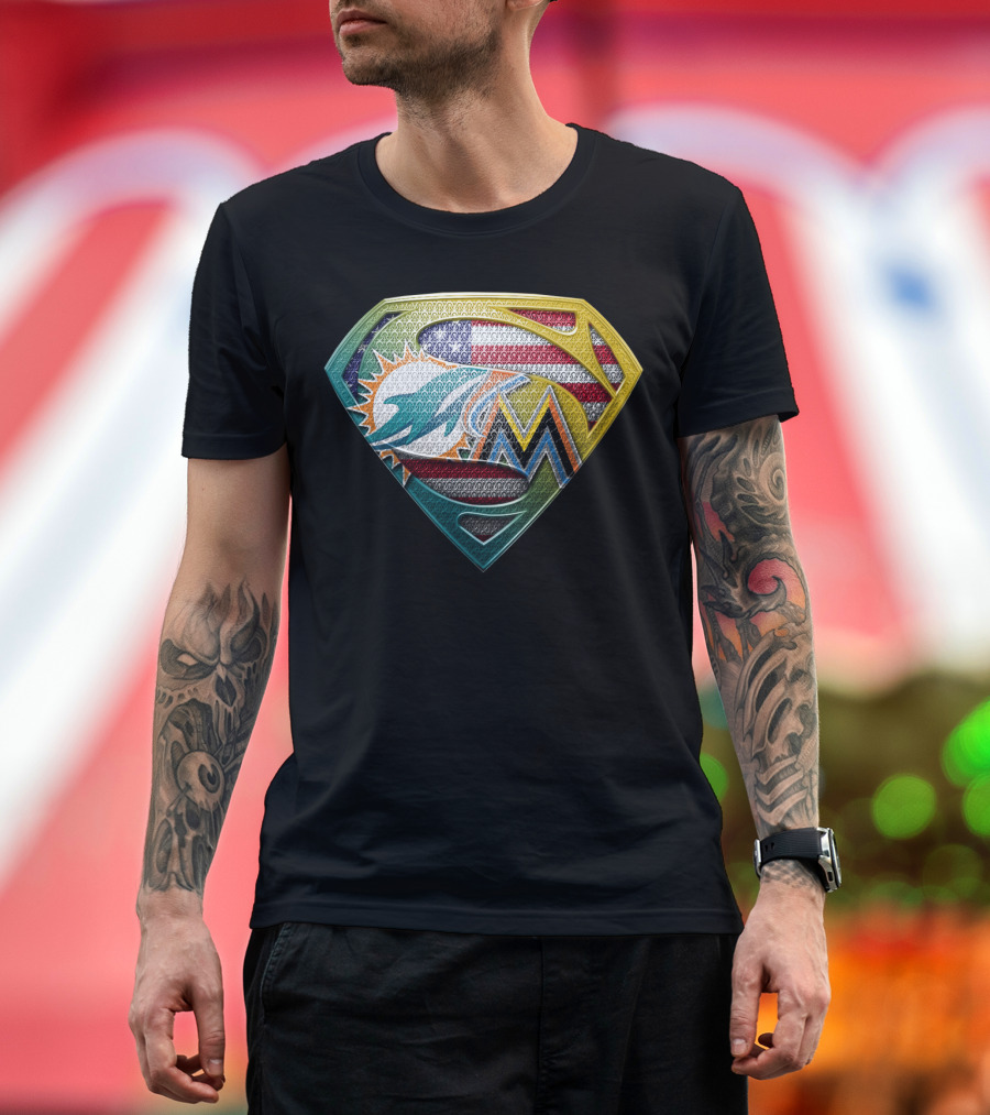 Miami Dolphins Marlins American Flag Superman T-Shirt