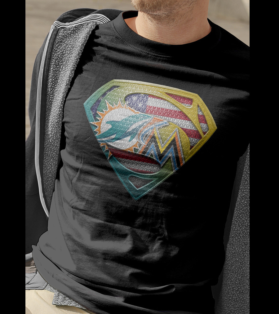 Miami Dolphins Marlins American Flag Superman T-Shirt
