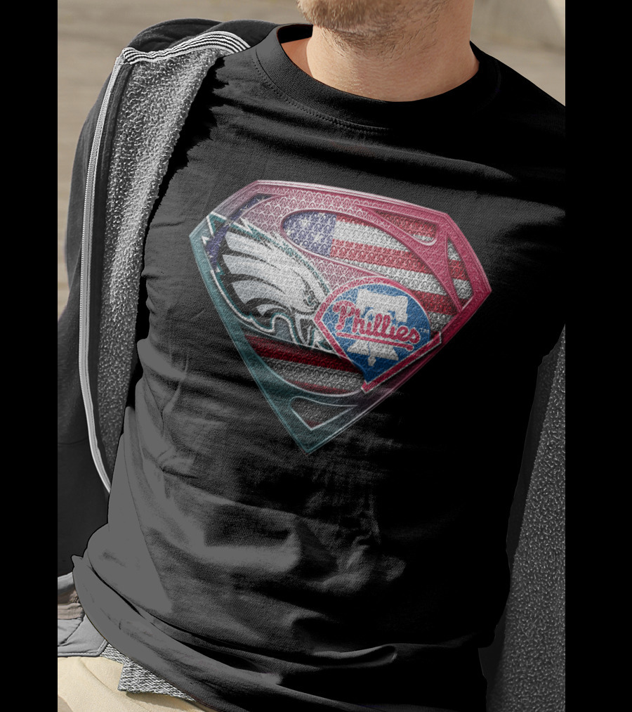 Eagles Phillies Superman Logo American Flag T-Shirt