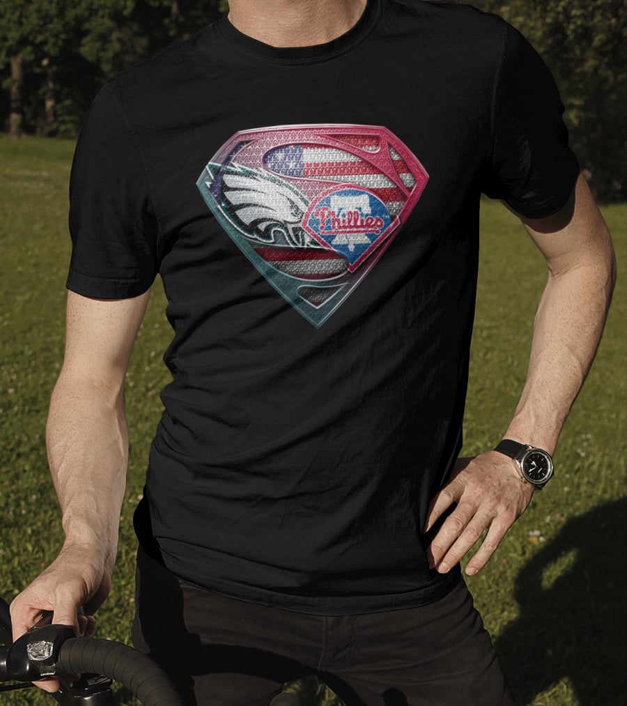 Eagles Phillies Superman Logo American Flag T-Shirt