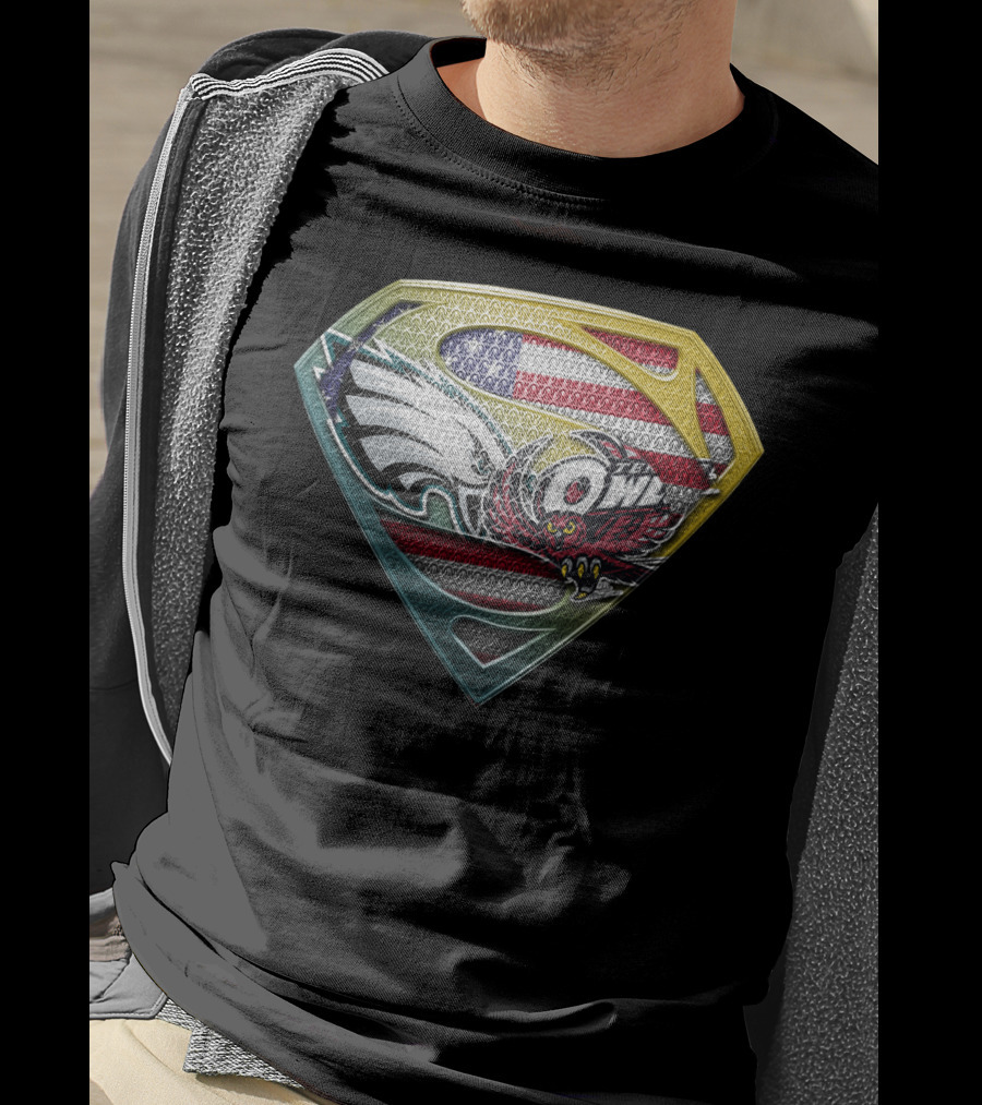 Philadelphia Eagles Temple Owls American Flag Superman Shield T-Shirt