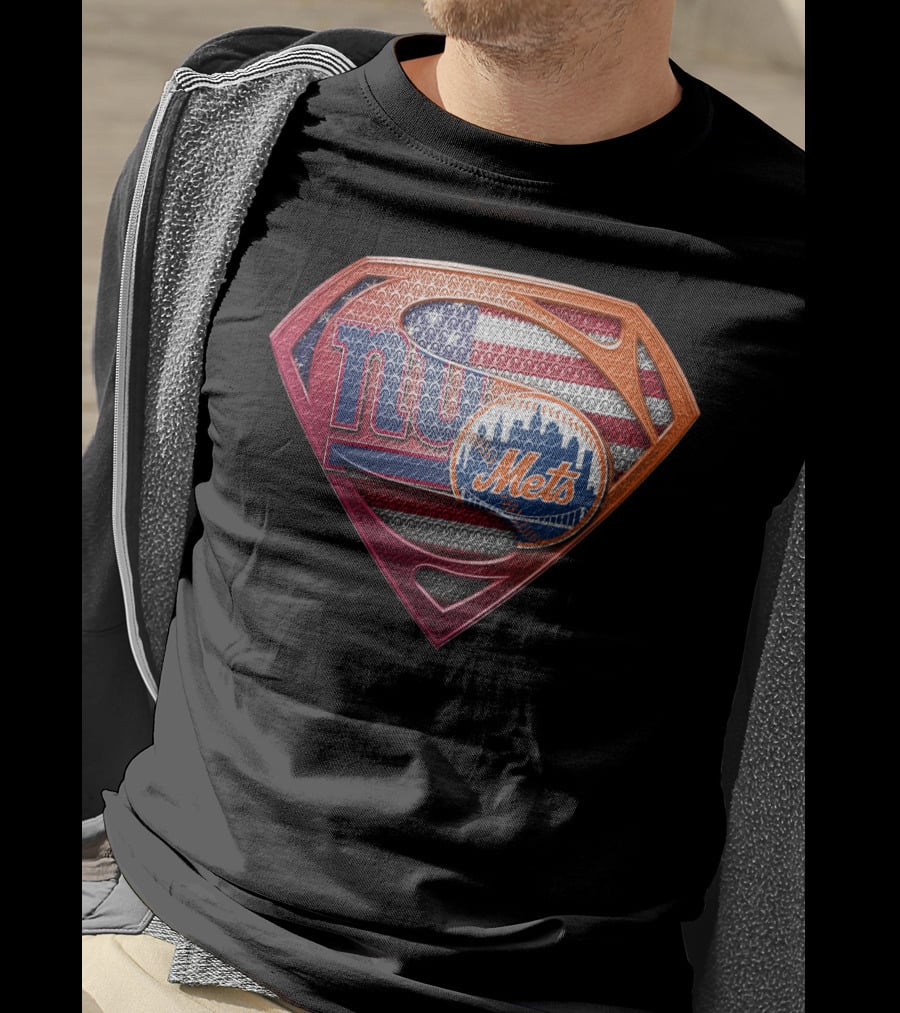 New York Giants Mets Superman Logo American Flag T-Shirt