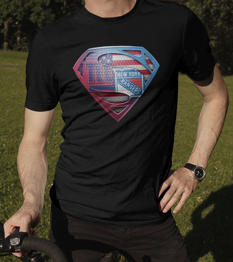 Ny Giants New York Rangers American Flag Superman Shield T-Shirt
