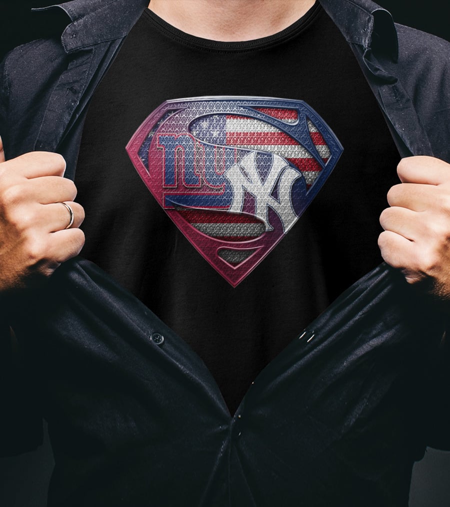 New York Giants Yankees American Flag Superman Logo Fusion T-Shirt