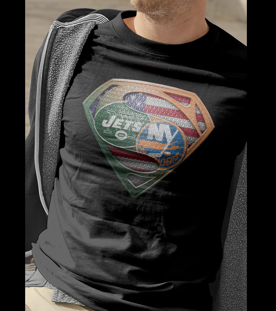 New York Jets Ny Islanders American Flag Superman Shield T-Shirt