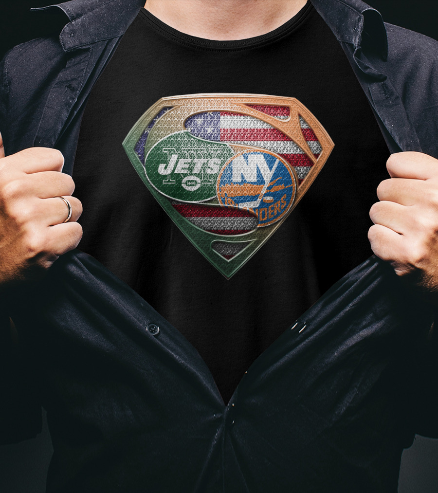 New York Jets Ny Islanders American Flag Superman Shield T-Shirt
