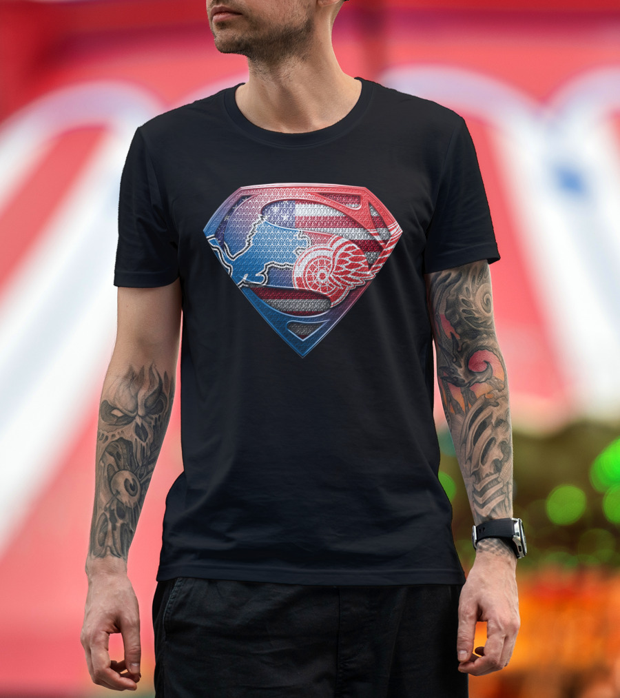Superman Detroit Lions And Red Wings American Flag T-Shirt
