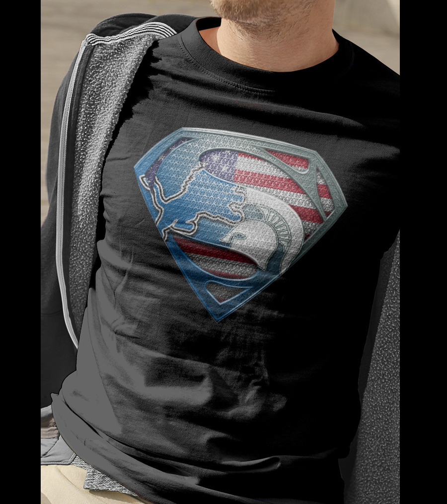 Detroit Lions And Michigan State Spartans American Flag Superman T-Shirt