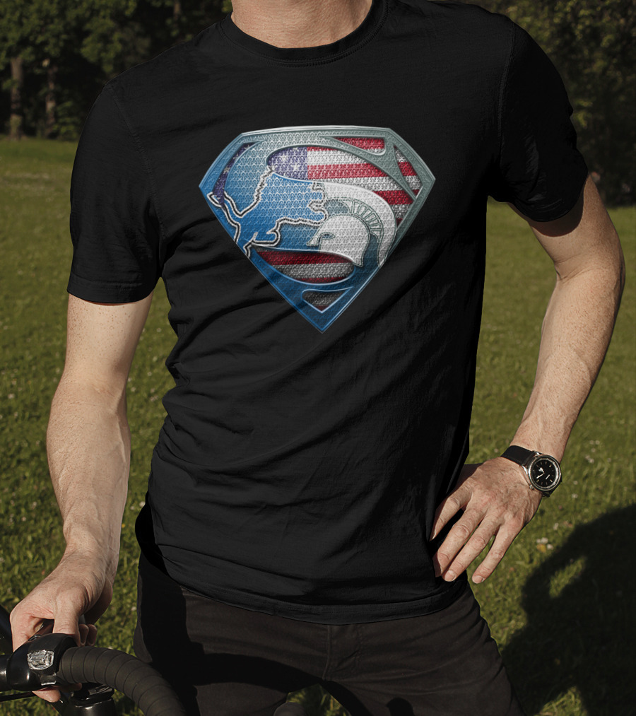 Detroit Lions And Michigan State Spartans American Flag Superman T-Shirt