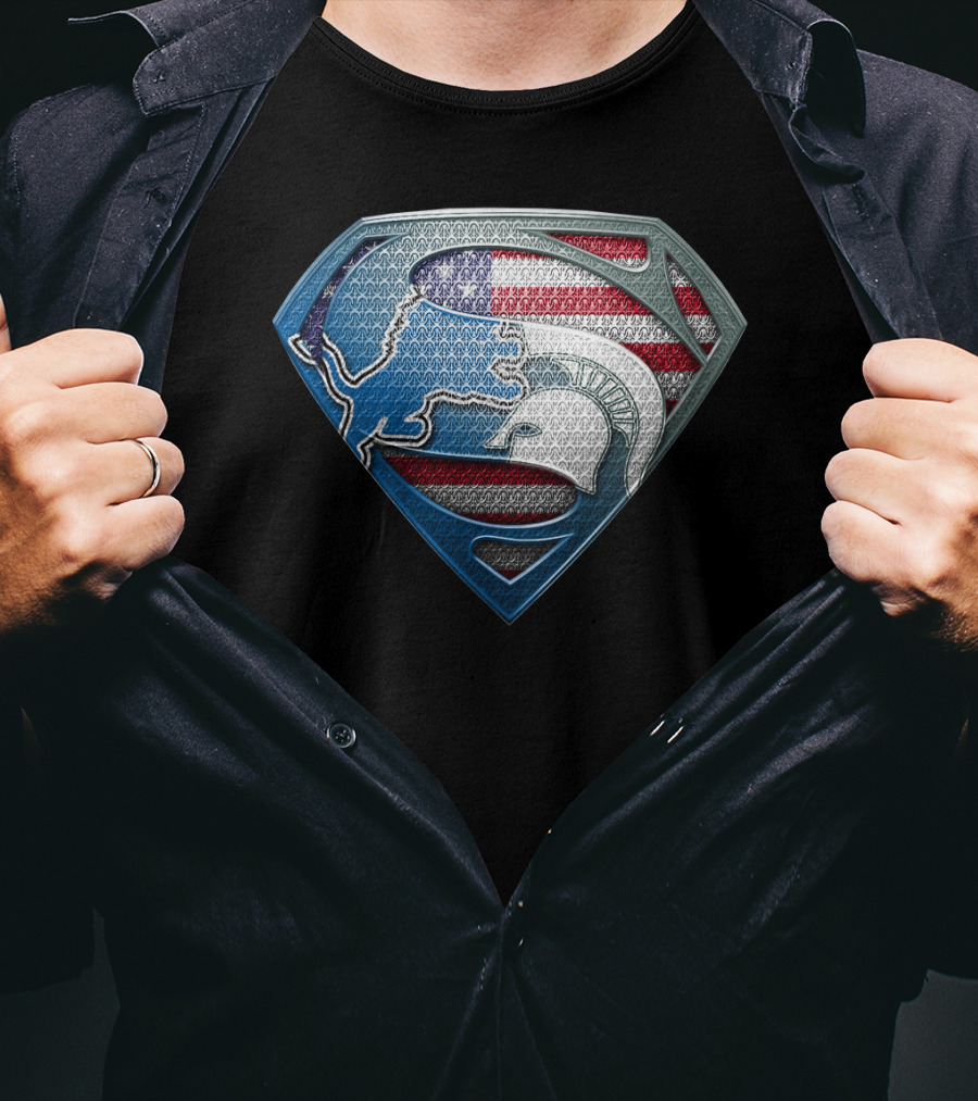 Detroit Lions And Michigan State Spartans American Flag Superman T-Shirt
