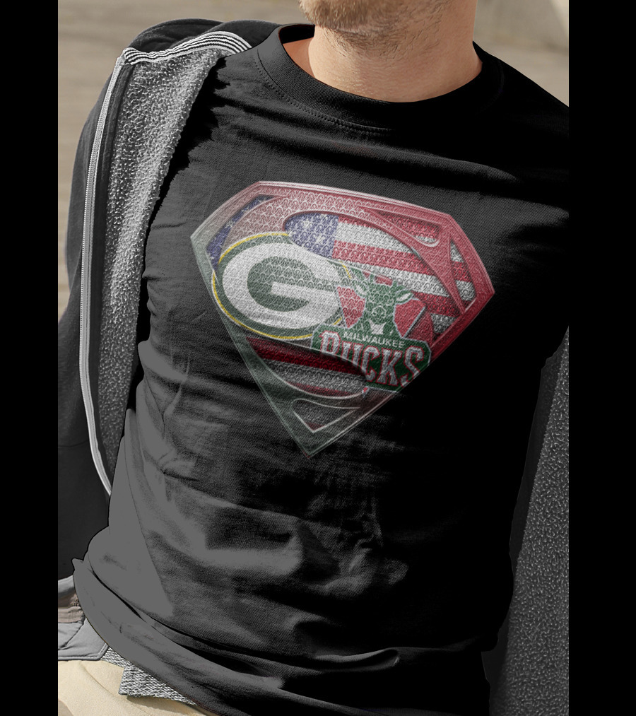 Green Bay Packers Milwaukee Bucks American Flag Superman Shield T-Shirt