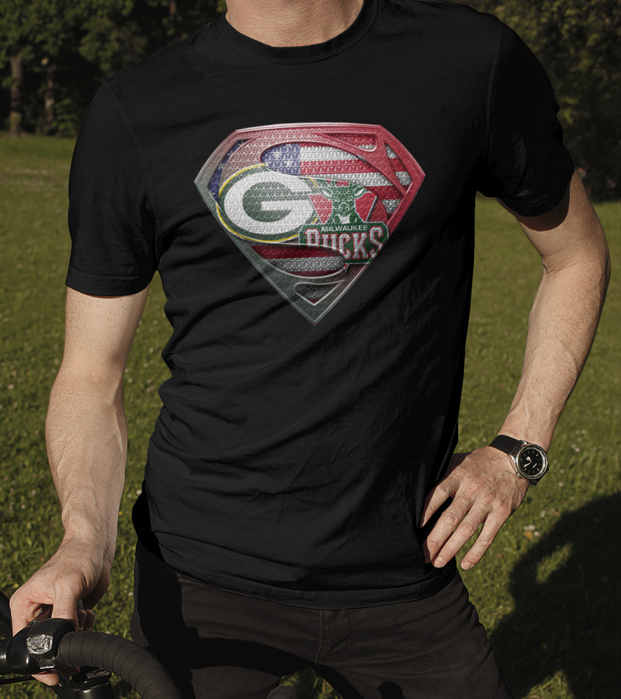 Green Bay Packers Milwaukee Bucks American Flag Superman Shield T-Shirt