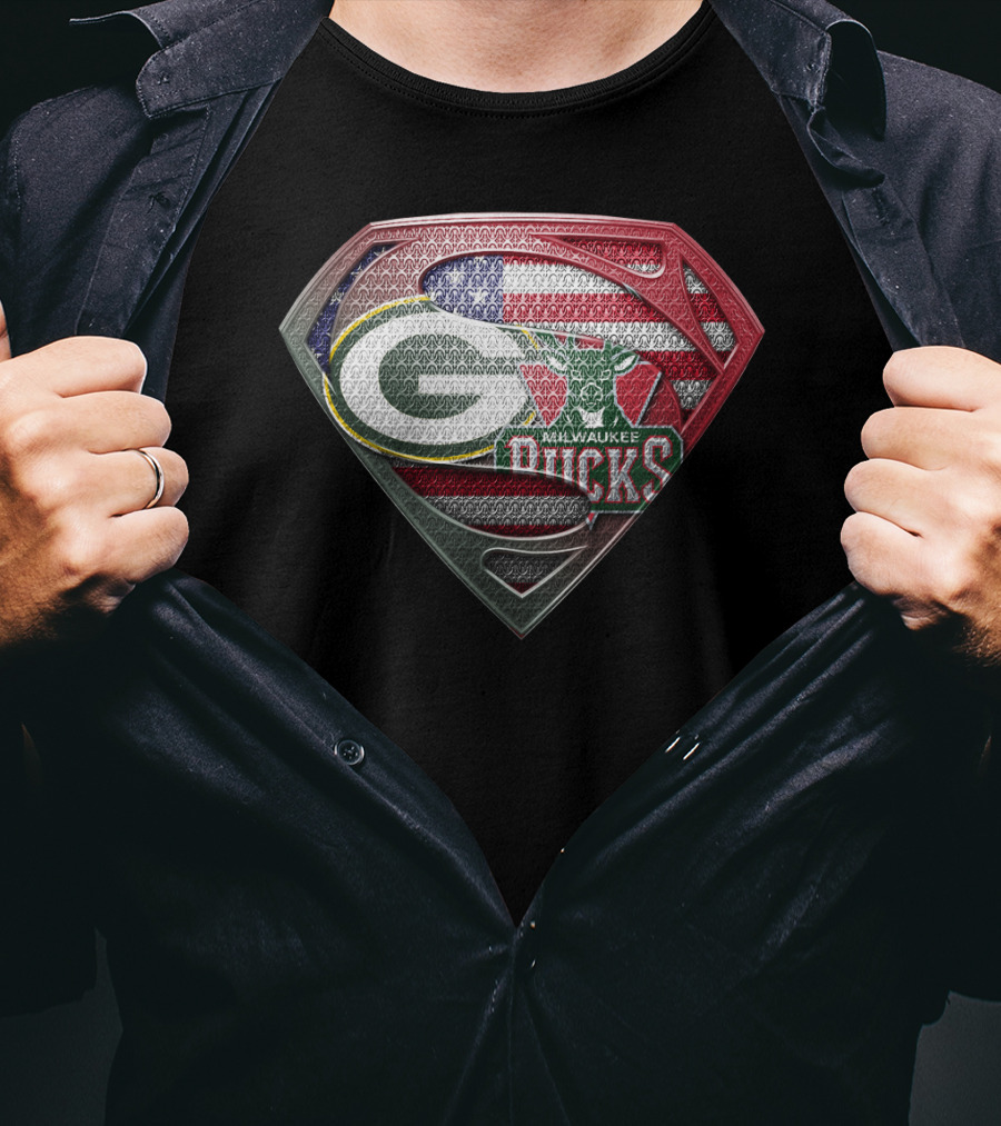 Green Bay Packers Milwaukee Bucks American Flag Superman Shield T-Shirt