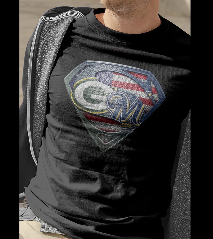 Packers Brewers Superman Shield American Flag T-Shirt