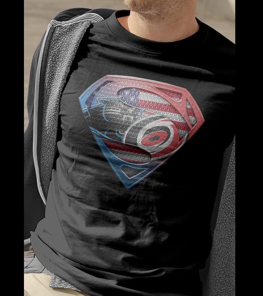 Carolina Panthers And Hurricanes Superman Shield Usa Flag Combination T-Shirt