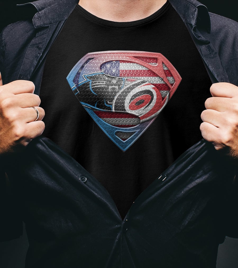 Carolina Panthers And Hurricanes Superman Shield Usa Flag Combination T-Shirt