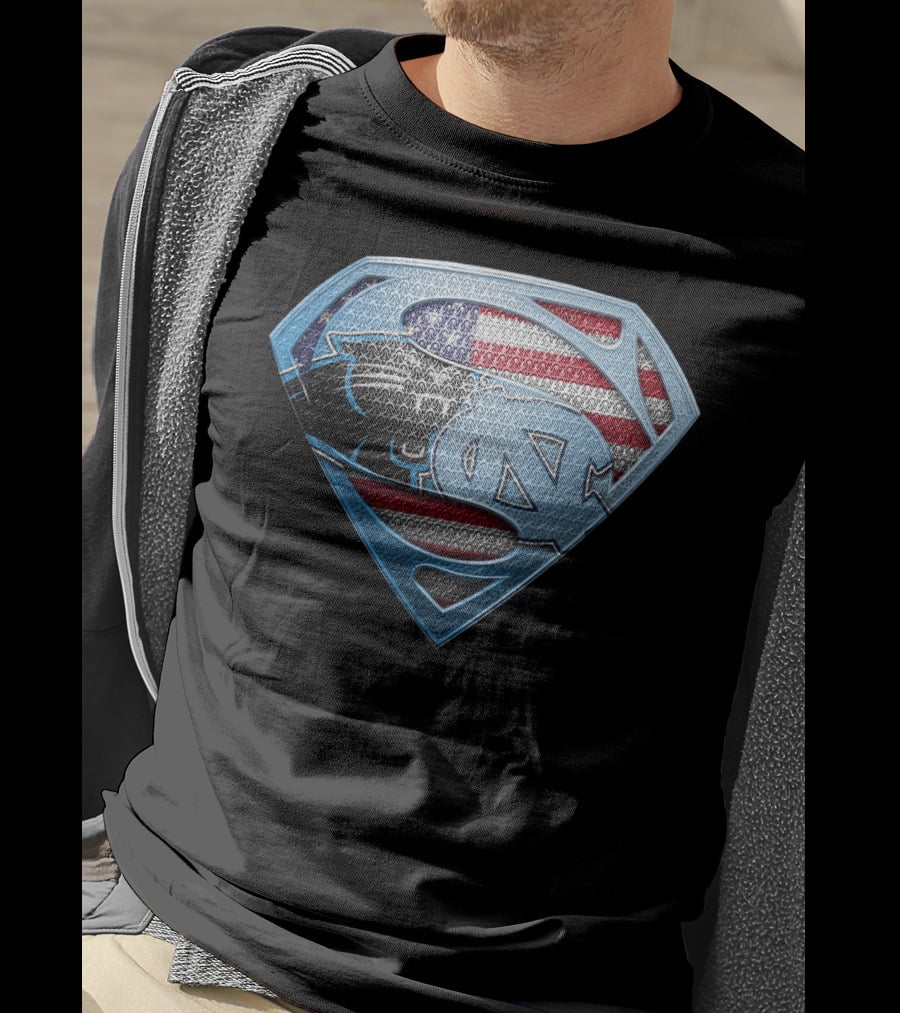 North Carolina Tar Heels And Carolina Panthers Superman Shield With American Flag T-Shirt