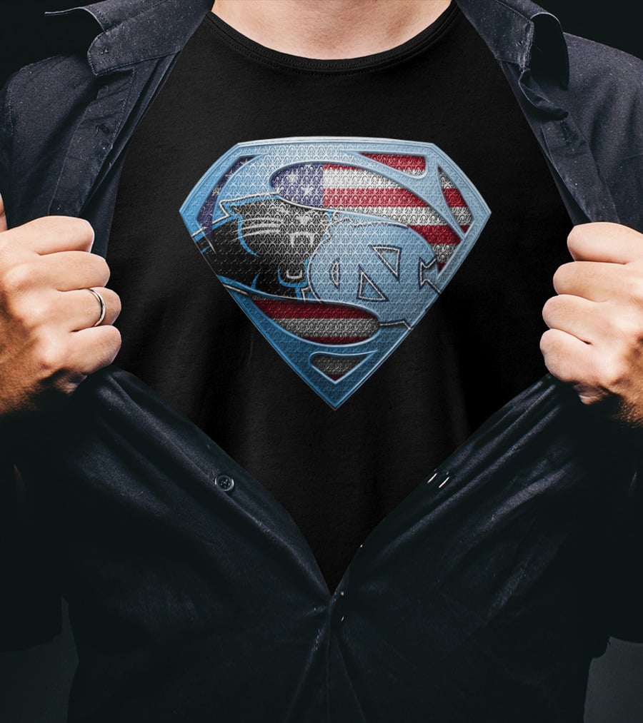 North Carolina Tar Heels And Carolina Panthers Superman Shield With American Flag T-Shirt