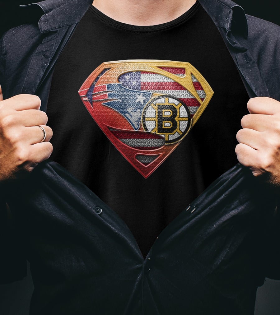 Superman Shield American Flag Boston Bruins New England Patriots T-Shirt