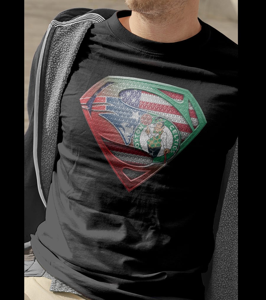 Superman Shield With Boston Celtics Logo And American Flag T-Shirt