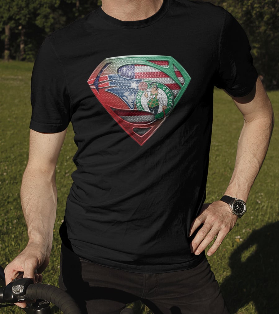 Superman Shield With Boston Celtics Logo And American Flag T-Shirt