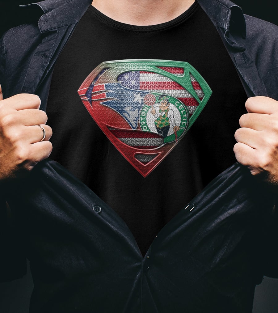 Superman Shield With Boston Celtics Logo And American Flag T-Shirt