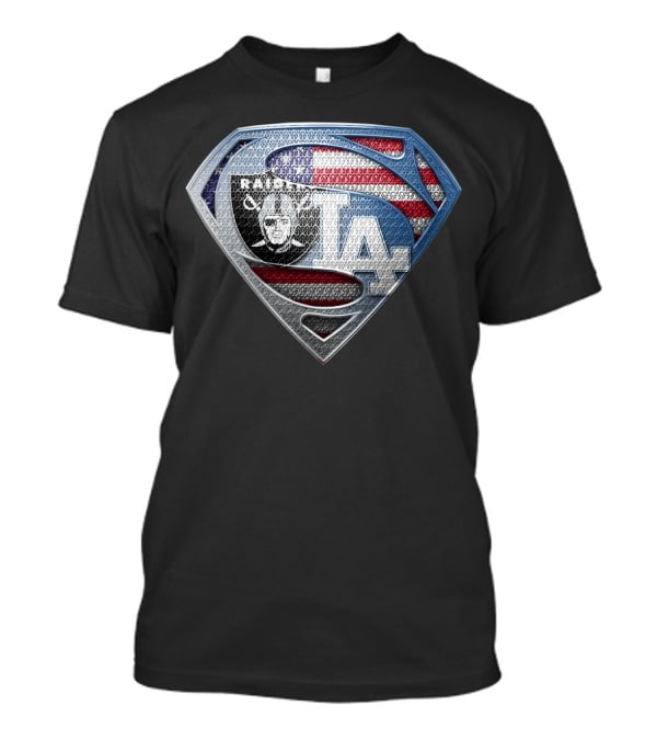 Raiders La Dodgers Superman Logo American Flag Football Baseball Fan T-Shirt