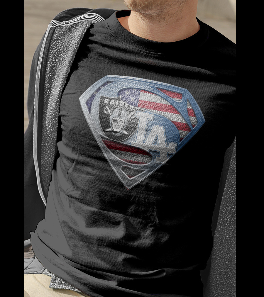 Raiders La Dodgers Superman Logo American Flag Football Baseball Fan T-Shirt