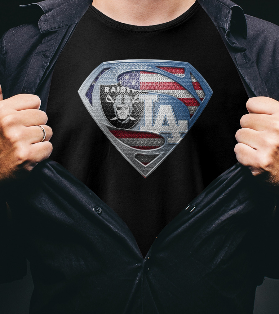 Raiders La Dodgers Superman Logo American Flag Football Baseball Fan T-Shirt