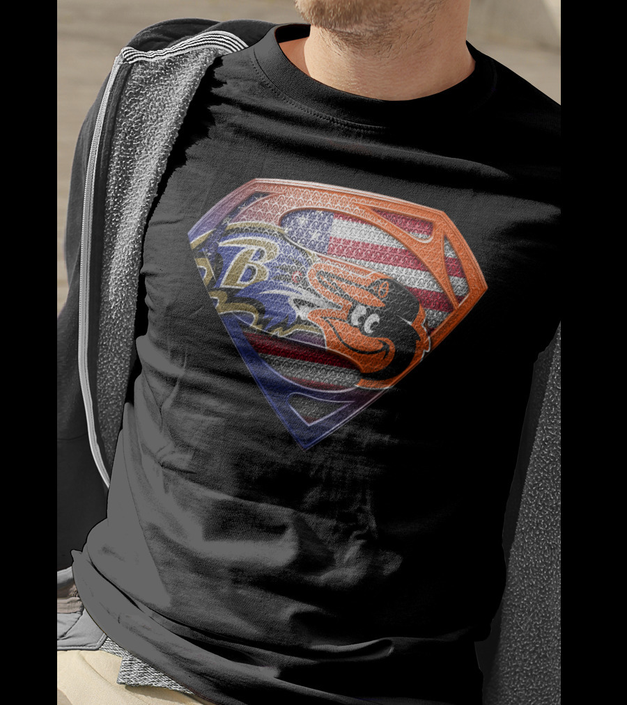Baltimore Ravens Orioles Superman Usa Flag T-Shirt