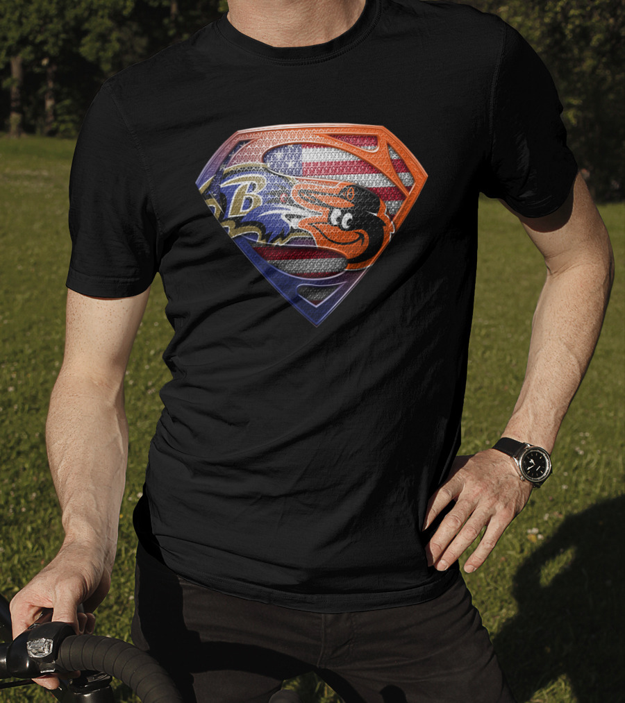 Baltimore Ravens Orioles Superman Usa Flag T-Shirt