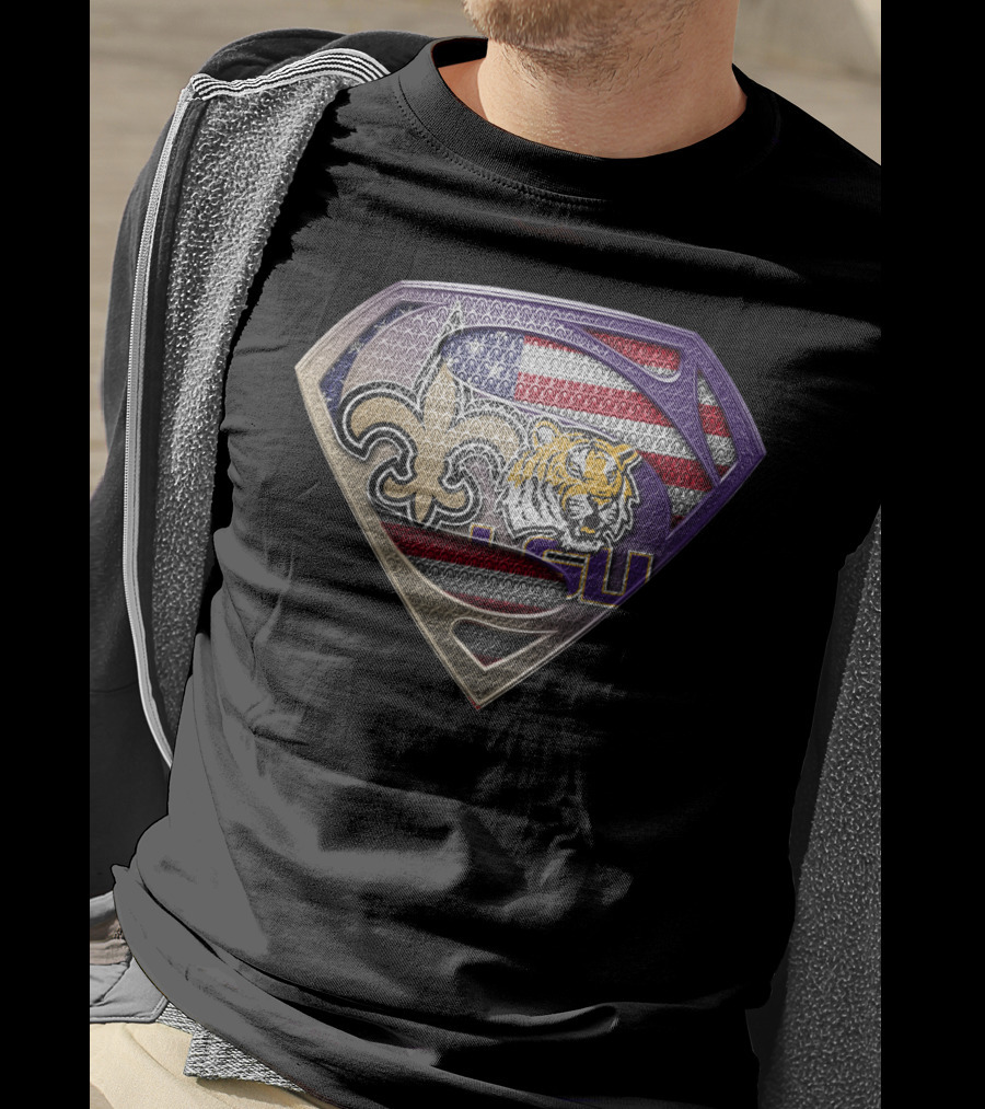 Superman Shield Saints Lsu Tigers American Flag T-Shirt