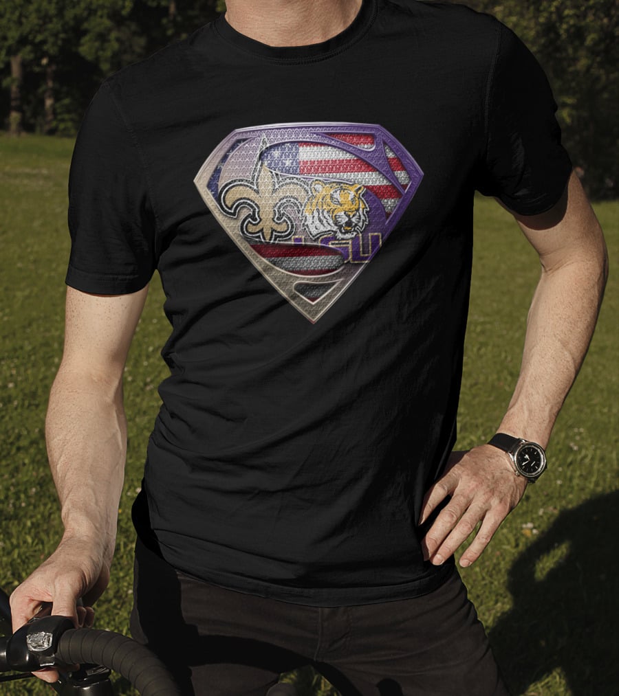 Superman Shield Saints Lsu Tigers American Flag T-Shirt