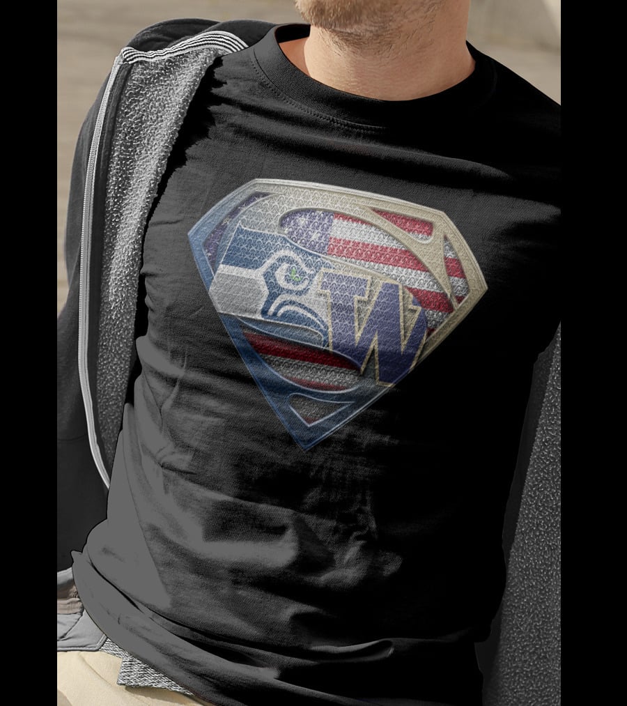 Seattle Seahawks Superman Logo With American Flag And Washington Huskies W T-Shirt