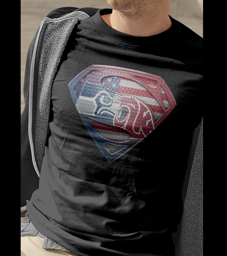 Superman Seahawks Patriots American Flag T-Shirt