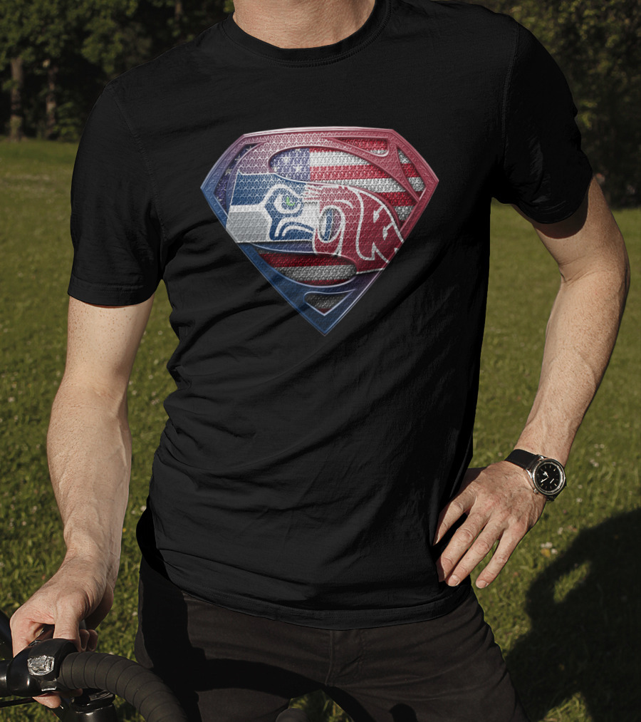 Superman Seahawks Patriots American Flag T-Shirt