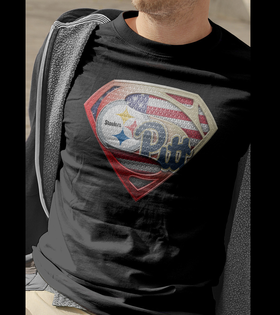 Steelers Pitt Superman Shield American Flag T-Shirt