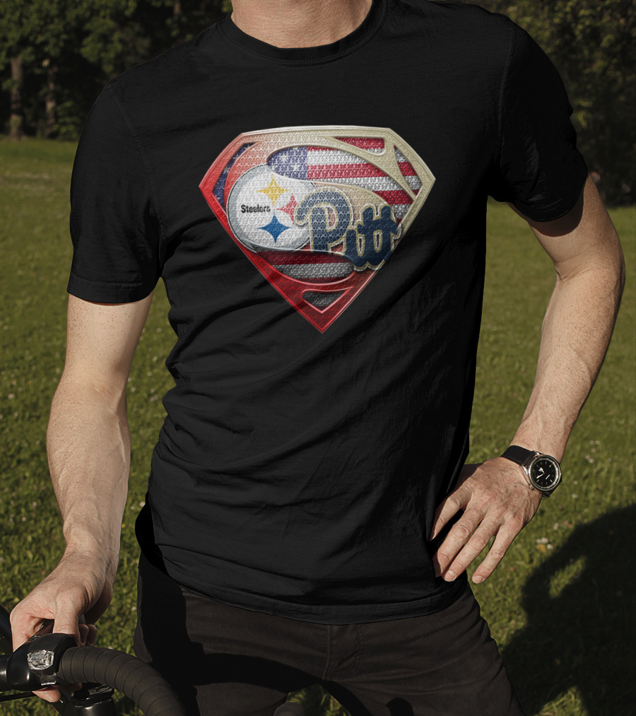 Steelers Pitt Superman Shield American Flag T-Shirt