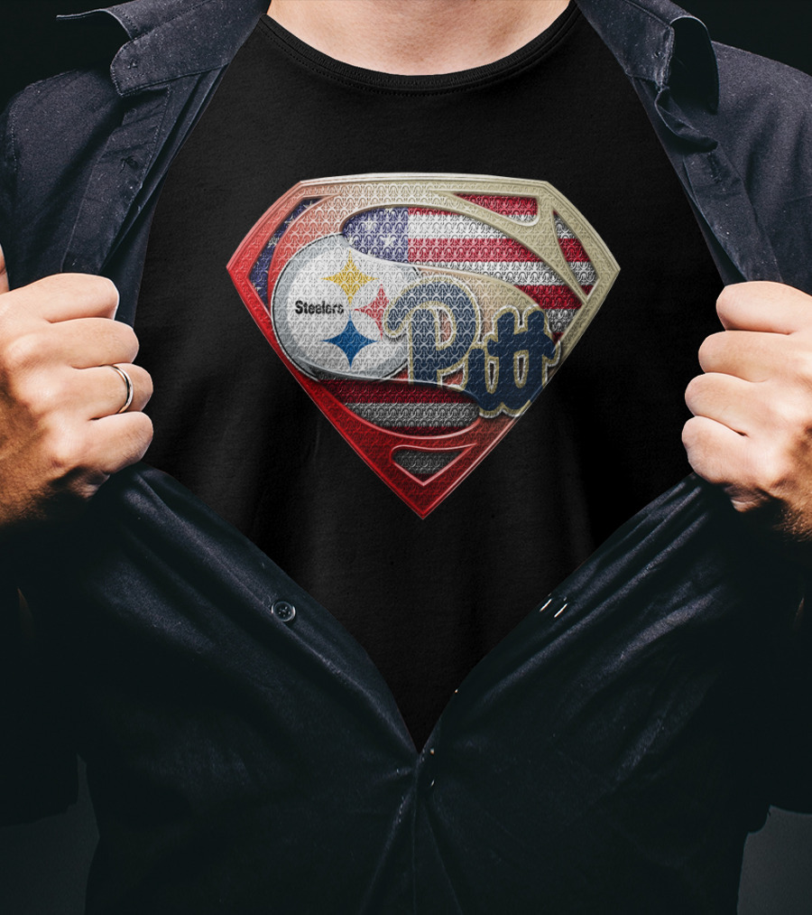 Steelers Pitt Superman Shield American Flag T-Shirt