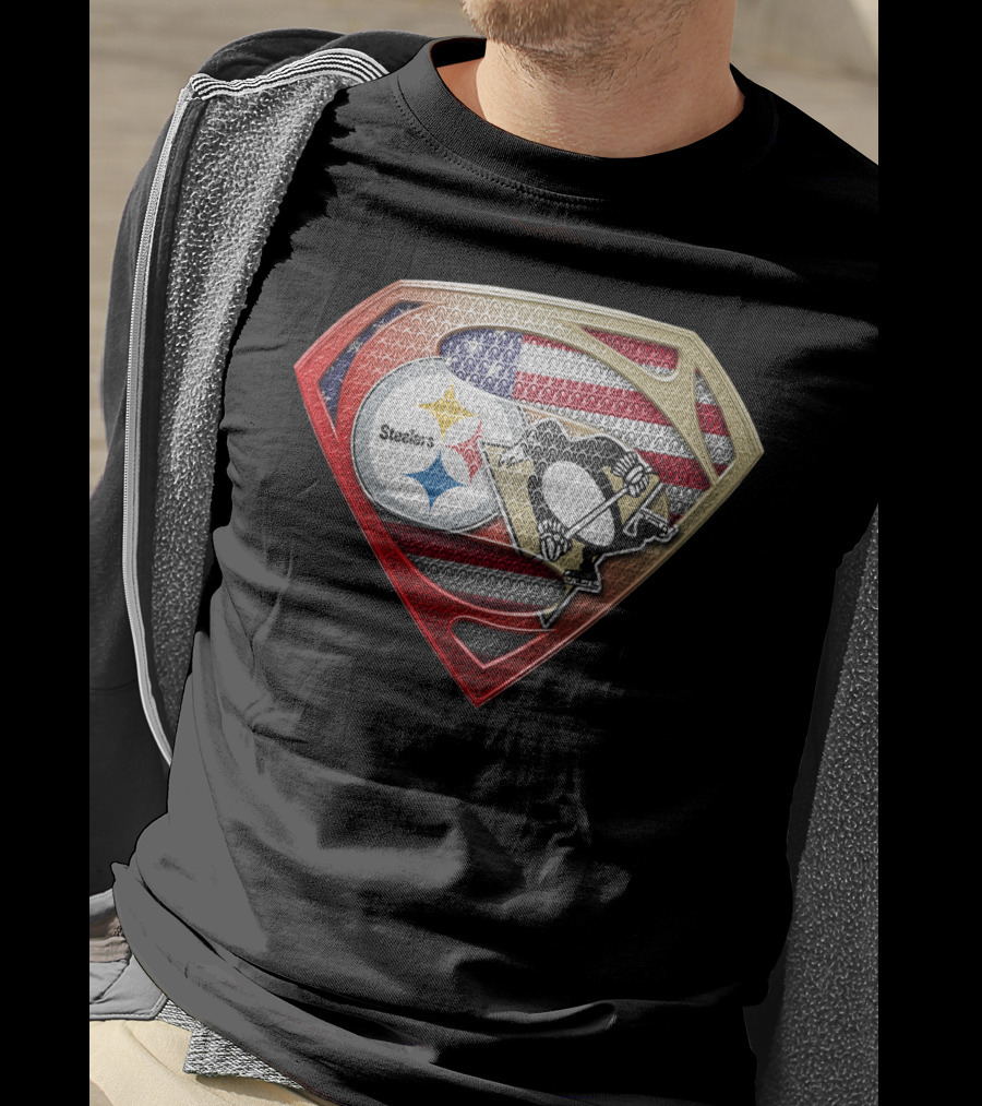 Steelers Penguins American Flag Superman Shield T-Shirt