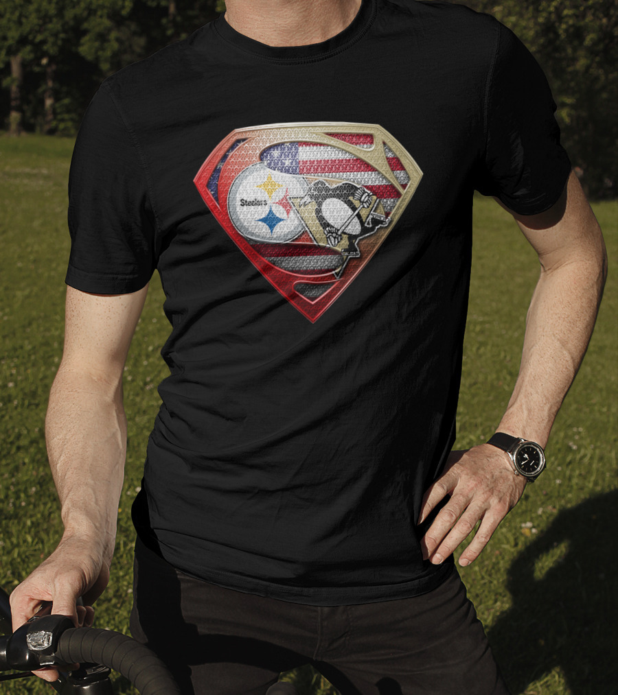 Steelers Penguins American Flag Superman Shield T-Shirt