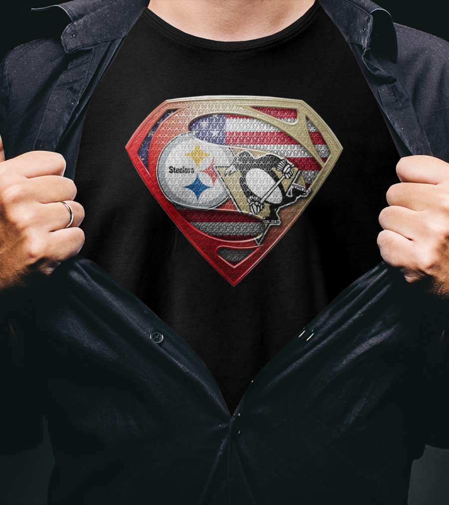 Steelers Penguins American Flag Superman Shield T-Shirt