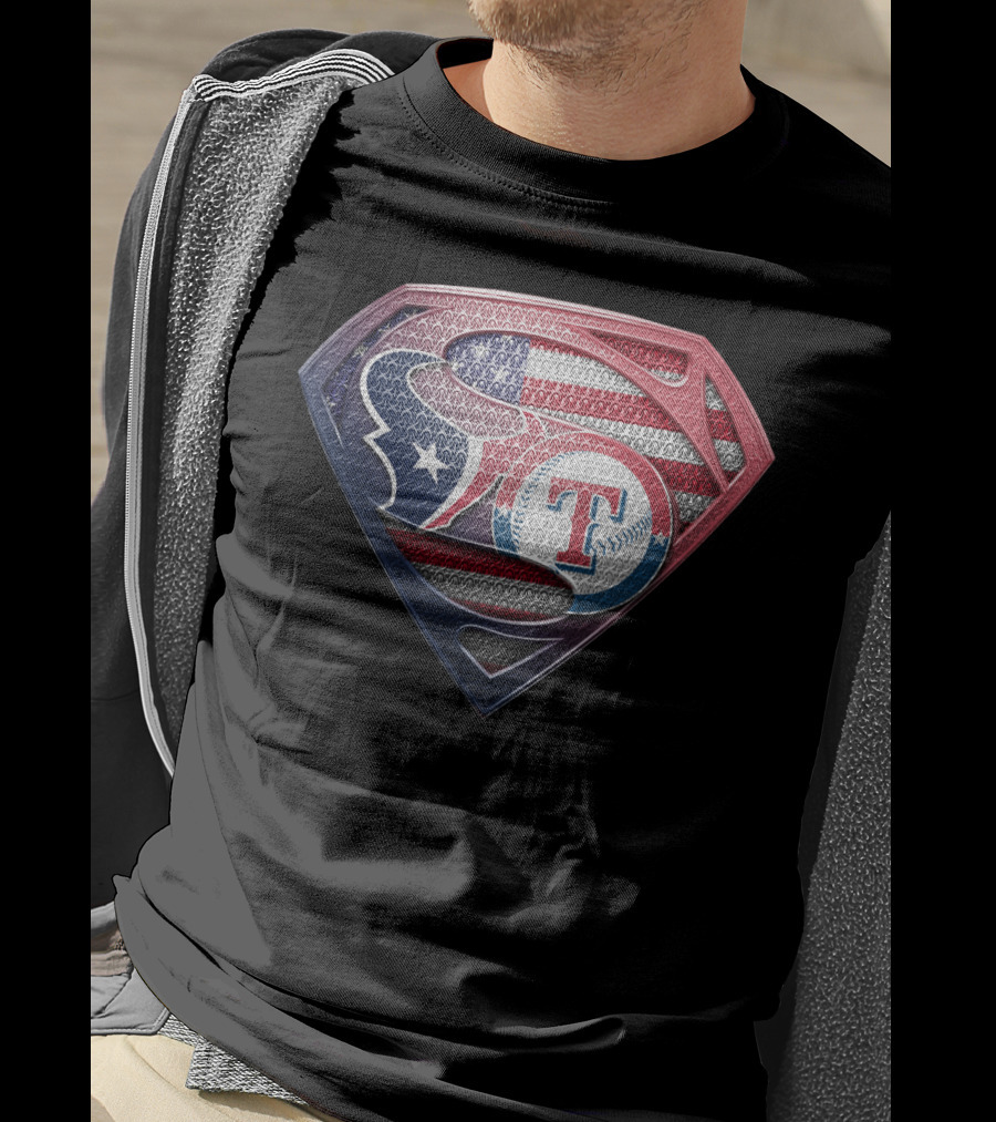 Houston Texans Texas Rangers Superman Logo Usa Flag T-Shirt