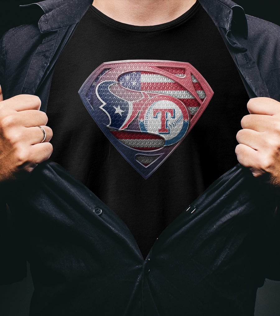 Houston Texans Texas Rangers Superman Logo Usa Flag T-Shirt