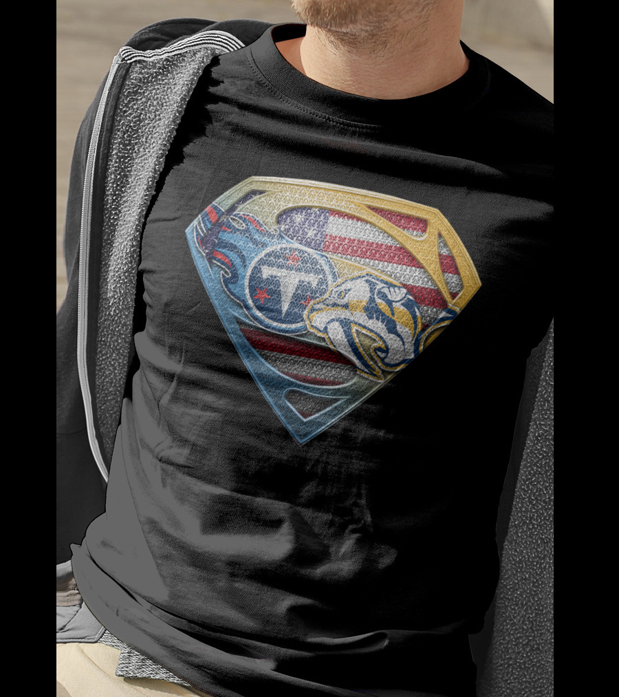 Tennessee Titans Nashville Predators American Flag Superman Shield Sspus130 T-Shirt