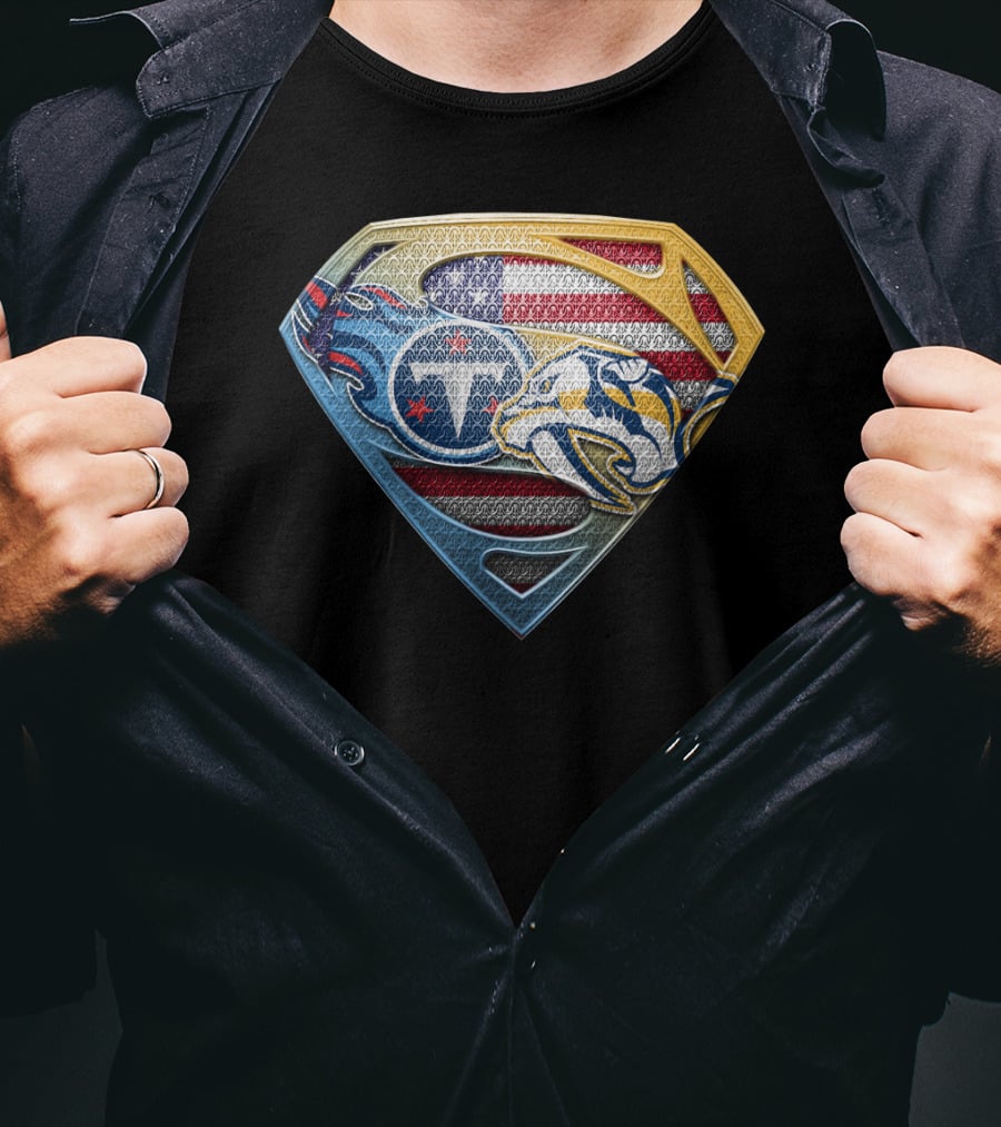 Tennessee Titans Nashville Predators American Flag Superman Shield Sspus130 T-Shirt